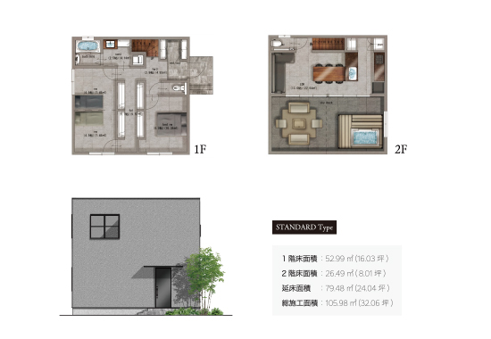 STANDARD Type 1階床面積:52.99?(16.03坪) 2階床面積:26.49?(8.01坪) 延床面積:79.48?(24.04坪) 総施工面積:106.98?(32.06坪)