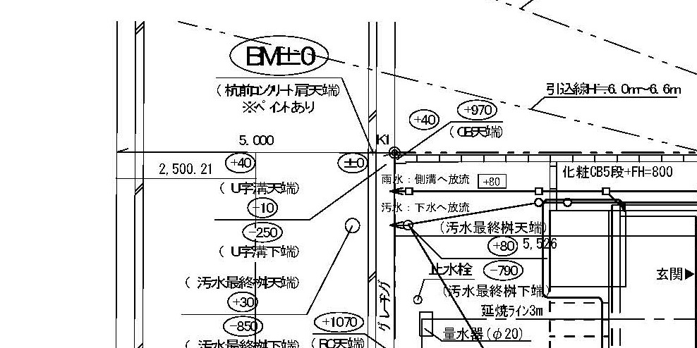 建築図面のBM(ベンチマーク)の例